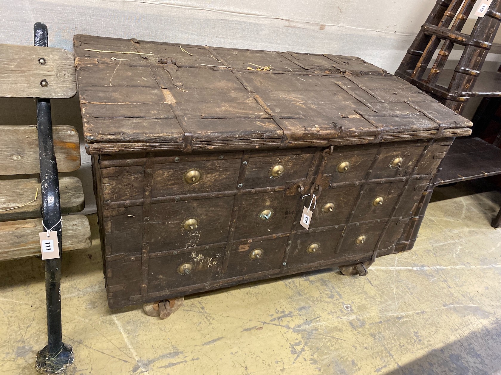 An Indonesian iron bound hardwood trunk, width 119cm, depth 66cm, height 78cm